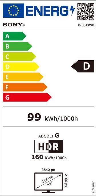 Energy Label Sony K-85XR90 (85", Bravia 9, Mini-LED, 4K, 2024)