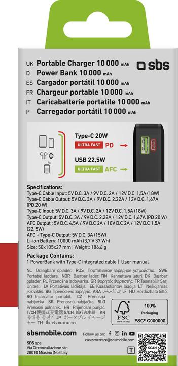 Productafbeelding SBS Powerbank 20.000mAh 20W PD LCD USB-C kabel zwart (20000 mAh, 20 W)