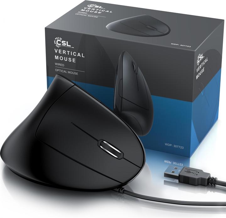 Produktbild CSL Ergonmische Maus USB Vertikalmaus, 6 Tasten, 800-6400 DPI, kabelgebunden, geringes Gewicht, schwarz (Kabelgebunden)