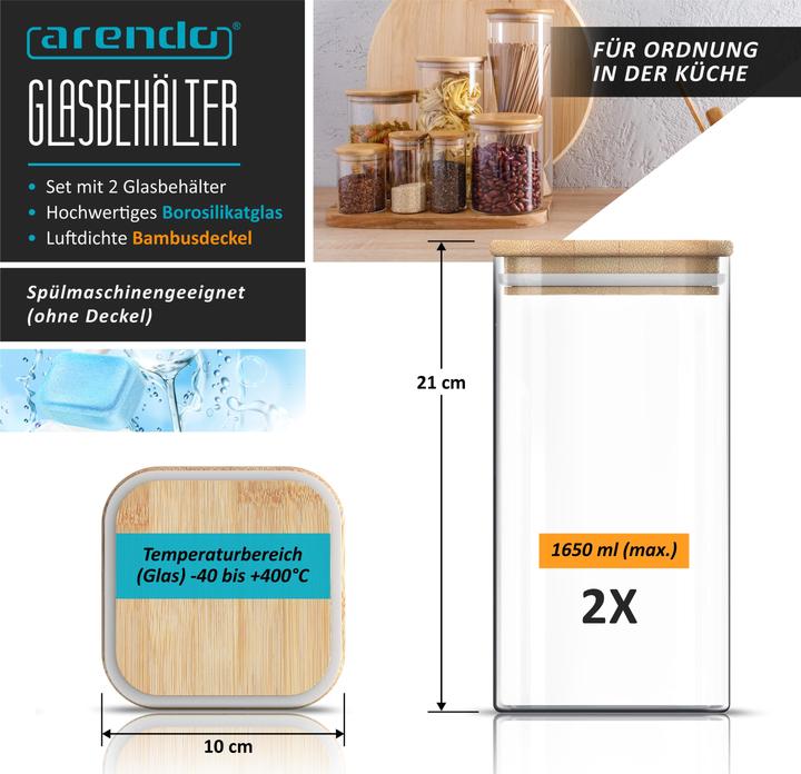Produktbild Arendo Aufbewahrungsbecher, Glasbehälter 2x0,8L & 2x1,65L Borosilikatglas, Bambusdeckel luftdicht, BPA-frei (1.65 l)