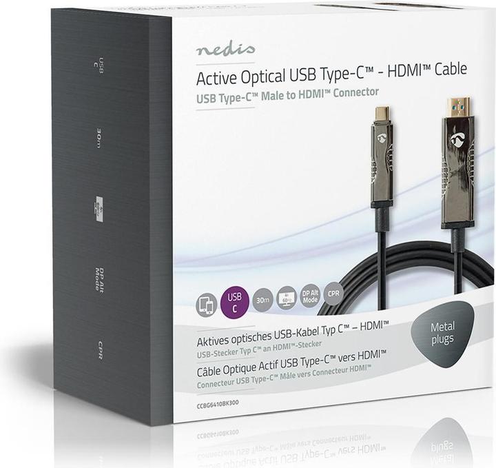 Produktbild Nedis optische USB-Kabel (aktiv) USB-CT Stecker HDMIT Stecker 18 Gbps 30.0 m rund PVC Schwarz Karto (30 m, USB Typ C)