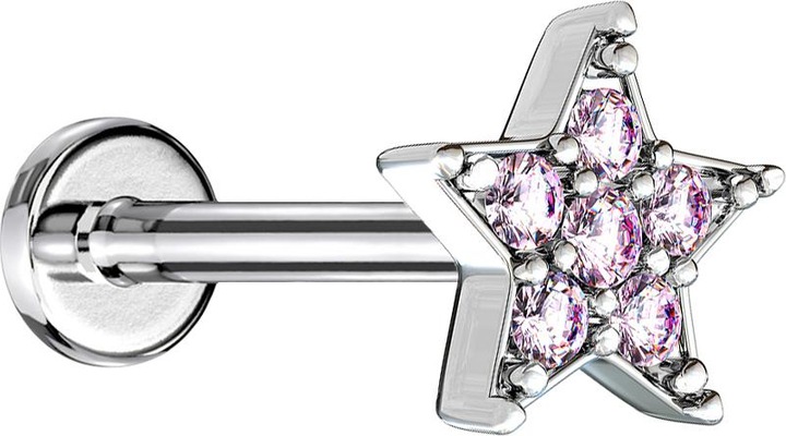 Image du produit Star Piercing Micro Labret femelle argenté étoile cristal rose (Laiton, Acier chirurgical 316L)