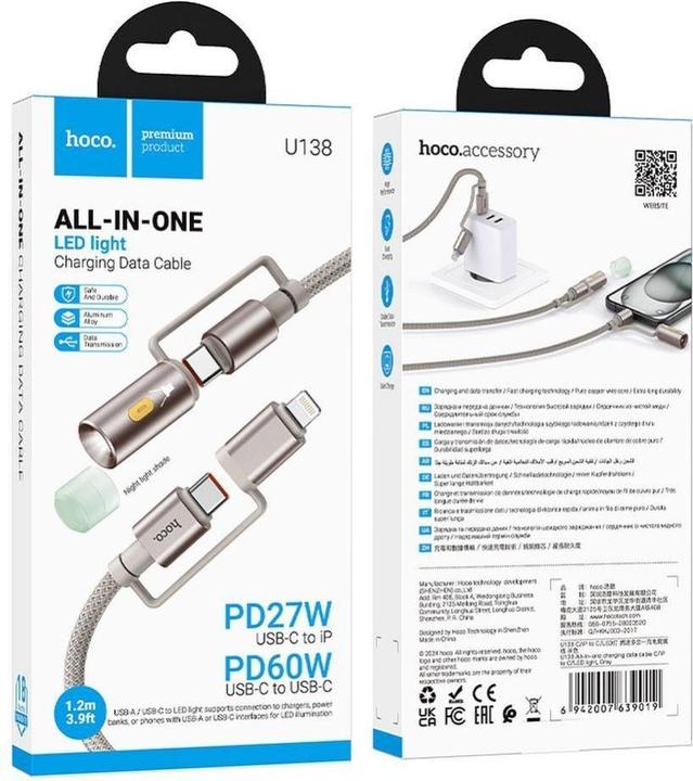 Produktbild Hoco Cable cable All-in-one Type C / Lightning to Type C / LED Light PD 3A 60W U138 1,2 m grey (1.20 m, 60 W)