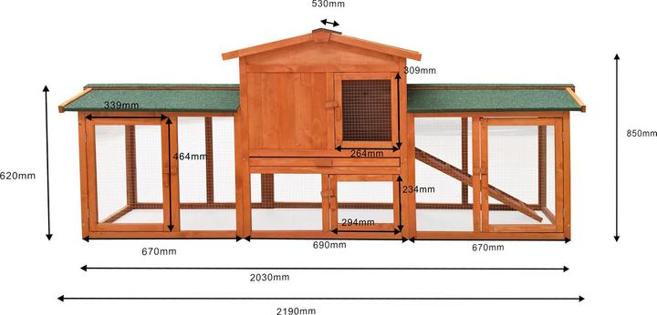 Produktbild Wiltec Hasenstall 2190x530x850mm Freilaufgehege Hasenkäfig Kleintierstall Fichte
