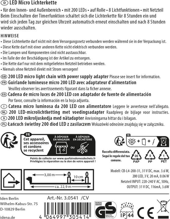 Produktbild Idena Micro-Lichterkette 200 LED farbig Gesamtlänge 22,9m auf Rolle 8h Timer 8 Lichtmodi Innen/Aussen (22.90 m)