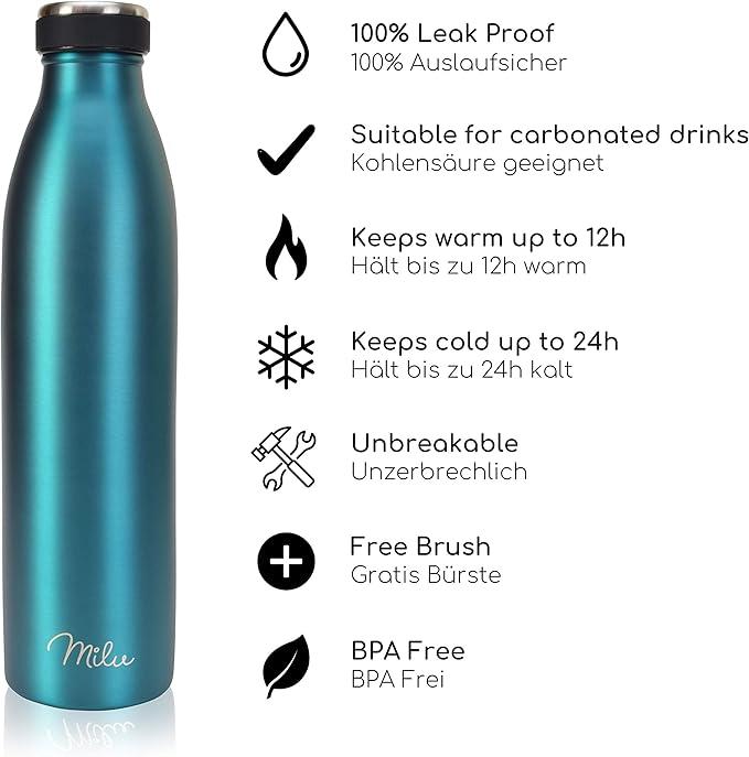 Image du produit Milu Bouteille isolante 750ml + brosse de nettoyage en silicone Couleur : Green (0.75 l)