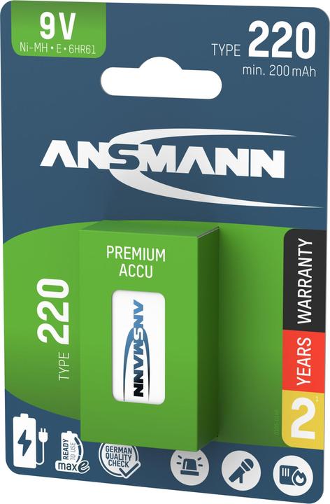 Actual product image Ansmann NiMH battery 9V E-Block type 220 (min. 200 mAh) maxE 1er (1 pcs., 9V Block, 200 mAh)