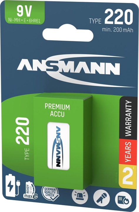 Produktbild Ansmann NiMH Akku 9V E-Block Typ 220 (min. 200 mAh) maxE 1er (9V Block, 200 mAh)