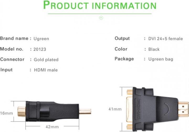 Produktbild Ugreen DVI / HDMI Adapter HDMI Stecker DVI Buchse 24+1 pol (HDMI)