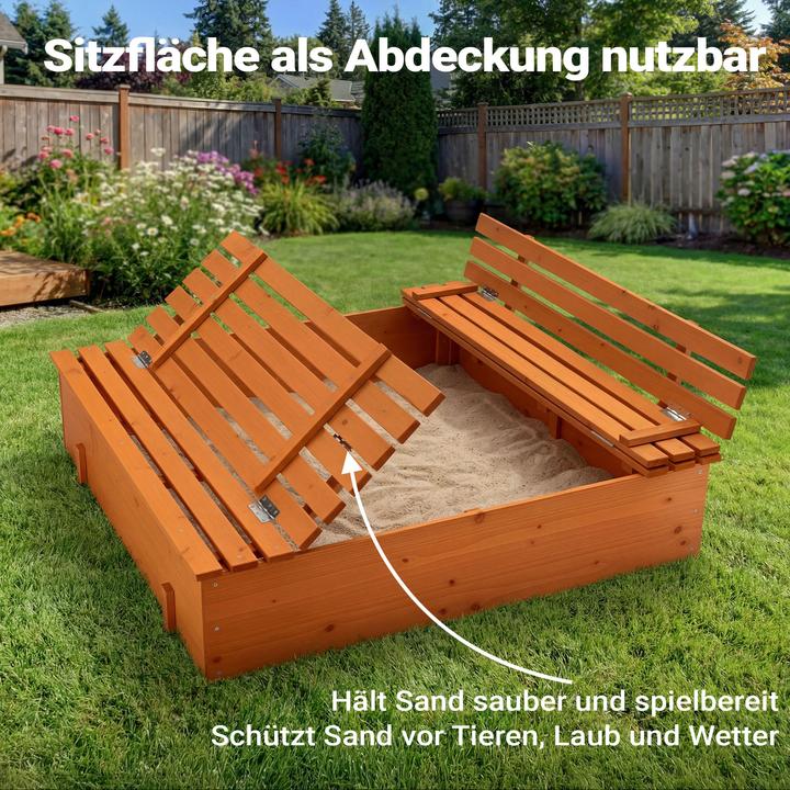 Actual product image Wiltec Sandpit with lid 2 benches 98x98x21cm Sandpit wooden sandbox fleece base