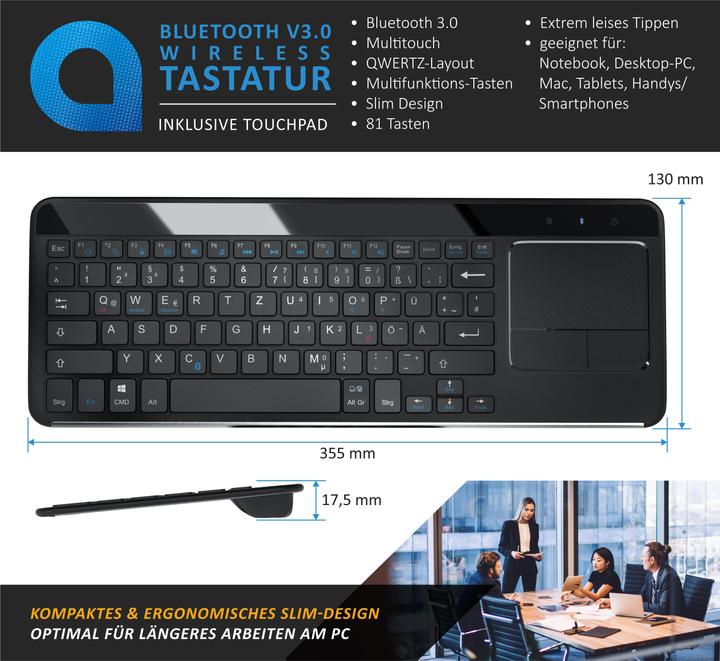 Actual product image Aplic Wireless Keyboard, Slim Bluetooth Keyboard with Touchpad & Multitouch Gesture Control (DE, Wireless)