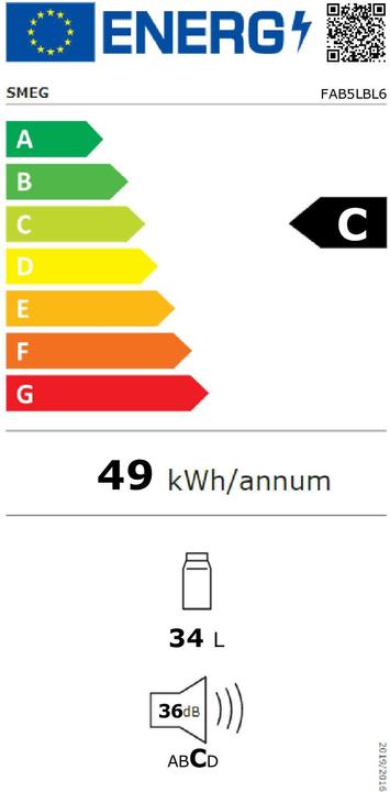 Energy Label Smeg FAB5LBL6 Homebar Stand-Kühlschrank Linksanschlag Schwarz 50s Style 2025 Modell, EEK: C (34 l)