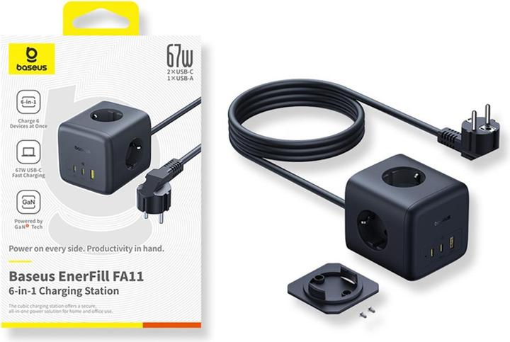 Produktbild Baseus EnerFill FA11 67W Steckdosenleiste, USB-A + USB-C Würfel + 3 x EU-Steckdose 1,5m - Schwarz (3 x, 1.50 m)