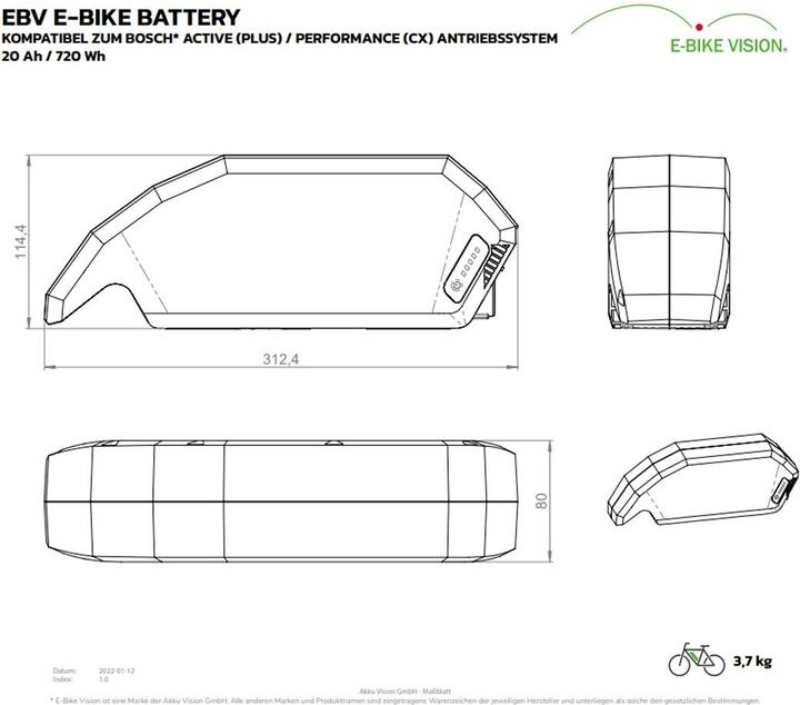Immagine prodotto E-Bike-Vision Batteria BOSCH POWERPACK AKKU 500 PERFORMANCE LINE 36V 20Ah / 720Wh (720 Wh, Batteria E-Bike)