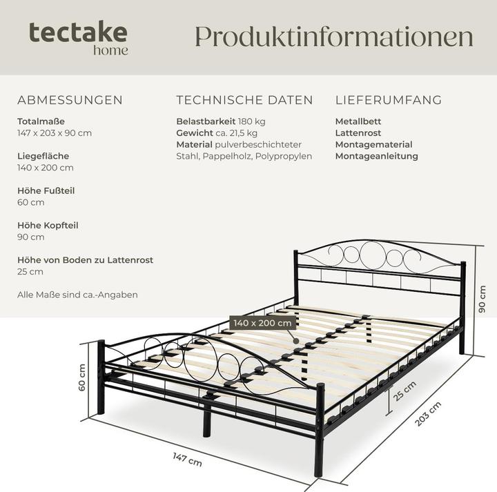 Produktbild tectake Metallbett (200 x 140 cm)