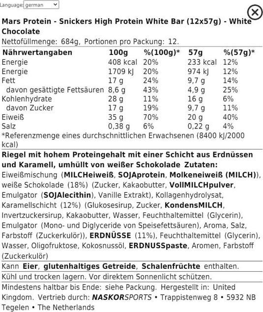 Valeurs nutritives et ingrédients Mars Snickers Hi-Protein Bar blanc (12 x 57G) (Chocolat blanc, 1 pcs, 684 g)
