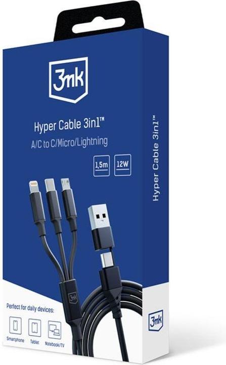 Produktbild 3MK Hyper Cable 3w1 USB-A/USB-C - USB-C/Micro/Lightning 1.5m Czarny/Black Kabel (1.50 m, USB 3.2 Gen 1, 12 W)