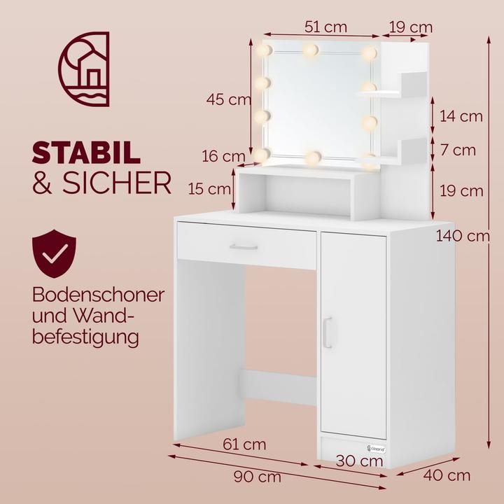 Image du produit Casaria Schminktisch mit Hocker (90 x 40 x 140 cm)