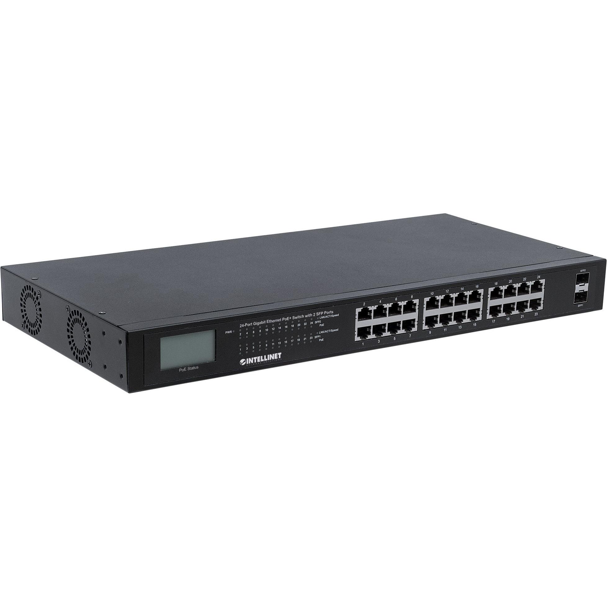Intellinet Switch Gigabit Ethernet PoE+ con 2 porte SFP e schermo LCD (24 porte), Switch di rete, Nero