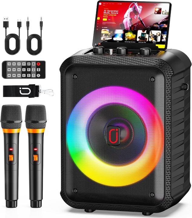 HWWR Tragbare Karaoke Maschine D13T mit 2 Mikrofonen (Active, 2x 30 W)
