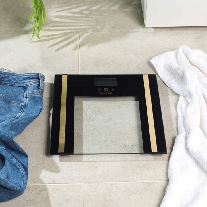 Actual product image Salter Scales SA00550BGCFAS Glass Analyser Bathroom Scale Black/Gold (150 kg)