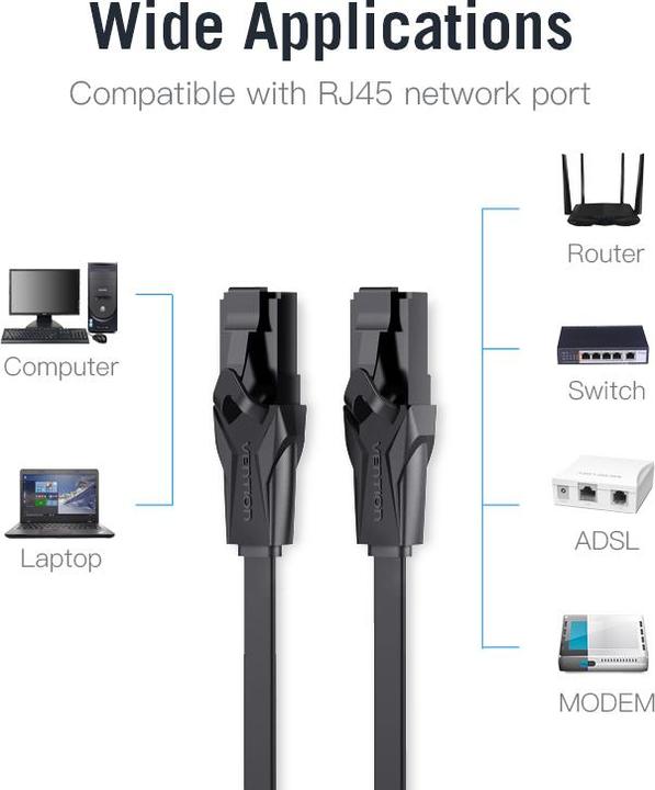 Actual product image Vention Flat Cat.6 UTP Patch Cable 5m Black (U/UTP, CAT6, 5 m)