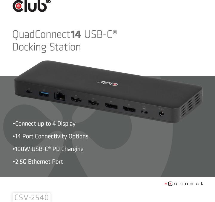 Produktbild Club 3D Club3D USB-C 14in1-Dock>2xDP2.1/2xHDMI/3xUSB-C 4K60Hz PD100W retail (USB-C, 14 Ports)