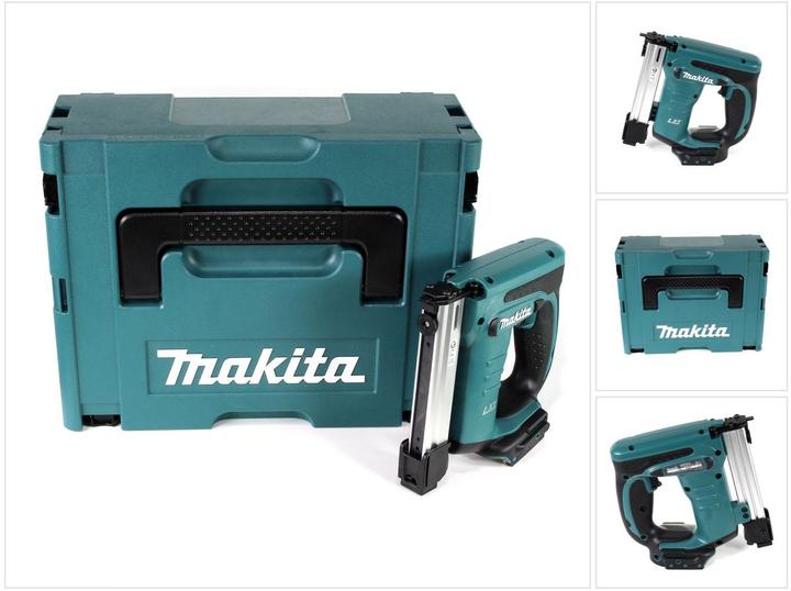 No charger, 1x studded foam insert, No battery, 1x Makita Makpac 2 transport case, Makita DST 221 18V Li-Ion cordless pin tacker
