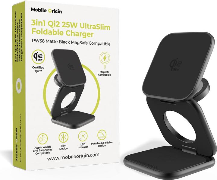 Mobile Origin 3in1 Qi2 25W UltraSlim Foldable Charger PW36 MagSafe Compatible Matte Black (25 W)