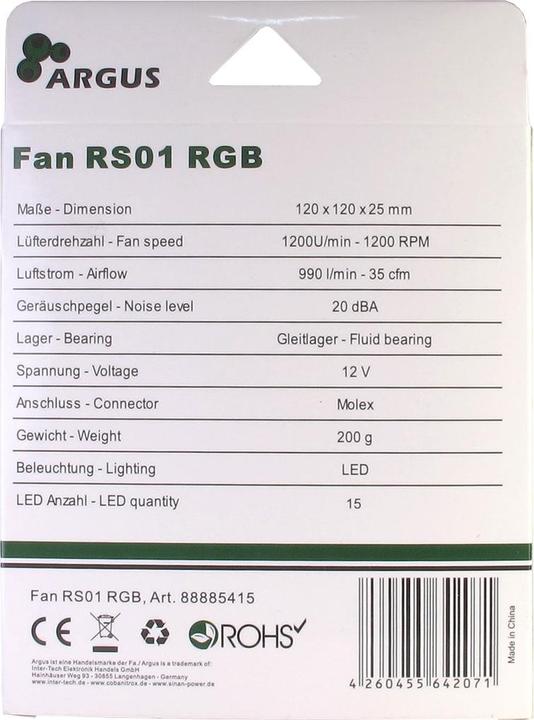 Produktbild Intertech RS01 RGBV - 120mm RGB Luefter 1200U/Min Funkfernbedienung Fluid-Gleitlager 21 LED Luefter 4pin Mo...