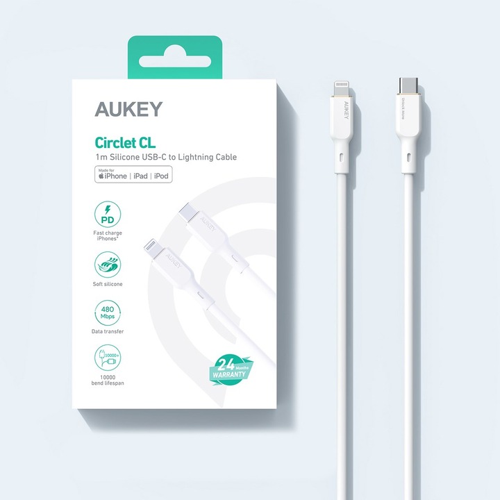 Actual product image Aukey USB-C - Lightning MFi 27W silicone USB cable, 1.8 m (1.80 m, USB 2.0)