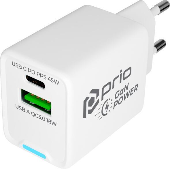 Immagine prodotto prio Caricatore da parete GaN Power 45W PD PPS (USB C) + QC 3.0 (USB A) bianco (45 W)