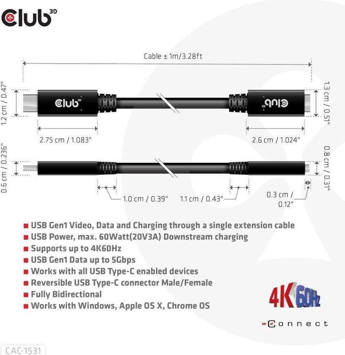 Produktbild Club 3D USB C — USB C (1 m, USB 3.0, 60 W)