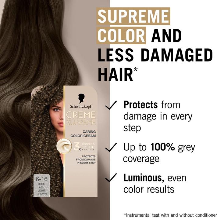 Actual product image Schwarzkopf Creme Supreme Hair Color Shade 616 Cool Ash Light Brown (Light brown)