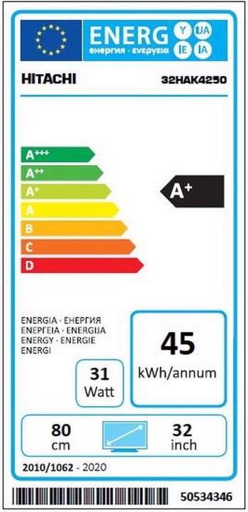 Energy Label Hitachi 32HAK4250 (32", LCD, Full HD, 2020)
