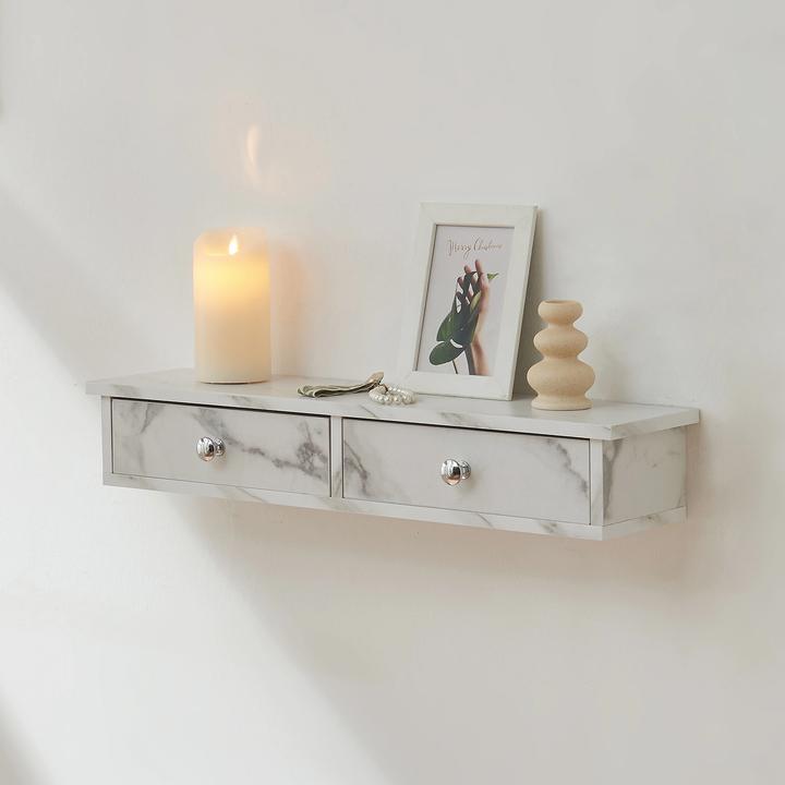 Actual product image En.Casa Wandregal Geeste 60x15x10 cm mit 2 Schubladen Marmoroptik, weiss (60 x 15 x 10 cm)