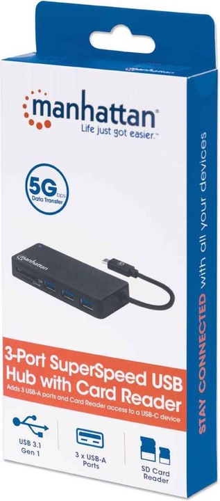 Produktbild Manhattan USB 3.0 Hub mit Kartenleser (USB-C, 3 Ports)