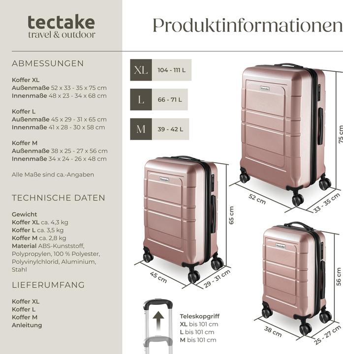 Actual product image tectake Hardshell Suitcase Set Brice - L, M & S sizes, made from ABS plastic, 360° swivel wheels, expandable
