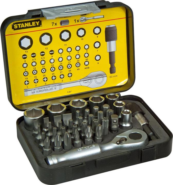 Actual product image Stanley 1/4" bit set, 25mm, with mini reversible ratchet and sockets, 39 pieces (1/4")