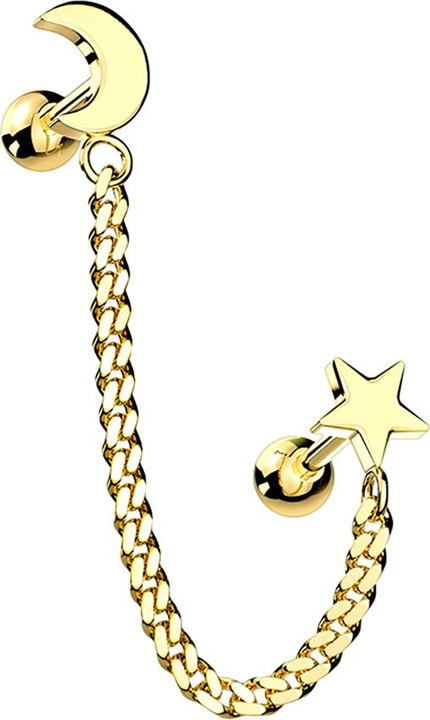 Produktbild Star Piercing Micro Barbell vergoldet Mond und Stern mit Anhänger Kette (Messing, Chirurgenstahl 316L)
