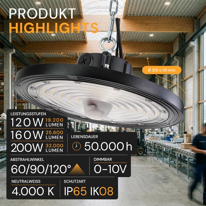 Actual product image Enovalite LED-HighBay, Sensor-Ready, UFO, anpassbare Leistung 120-200 W, 4000 K (32000 lm)
