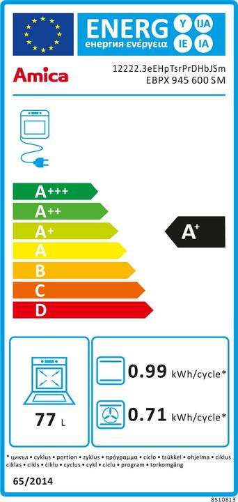 Energy Label Amica Oven without hob EBPX 945 600 SM Usable volume 77 litres