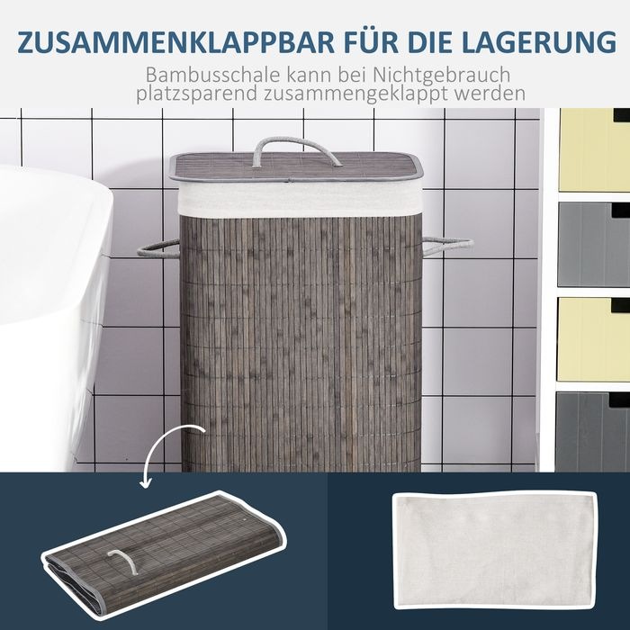 Produktbild Swisshandel24 Bambus Wäschekorb schmal mit Deckel 83L Wäschesammler mit Griffen Grau (83 l)
