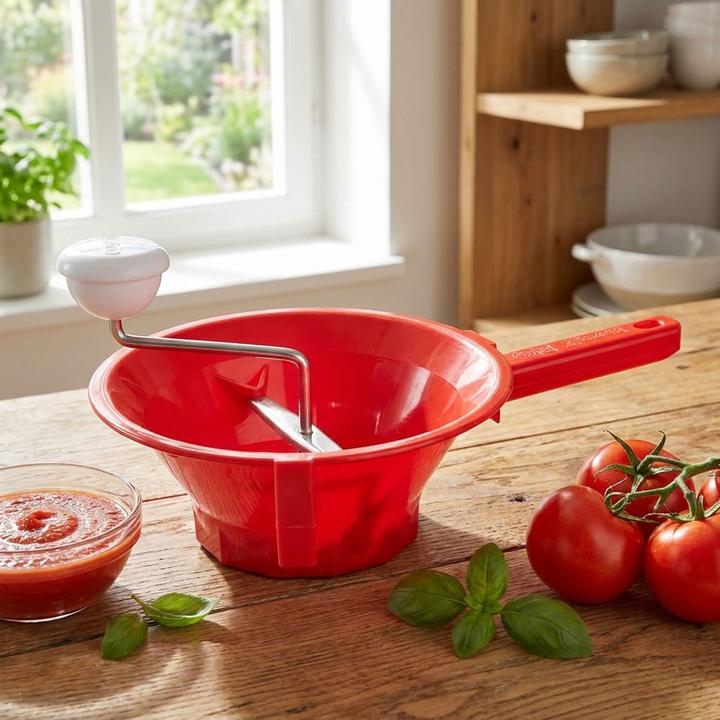 Produktbild Tomatto Robuste Gemüsemühle Ø26cm in Rot-Weiss mit 3 Sieben: Passiermühle