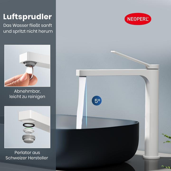 Produktbild Emke Badarmatur, weiß, Mischbatterie Waschbecken, Messing, mit Perlator, Keramikkartusche, einfach zu bed