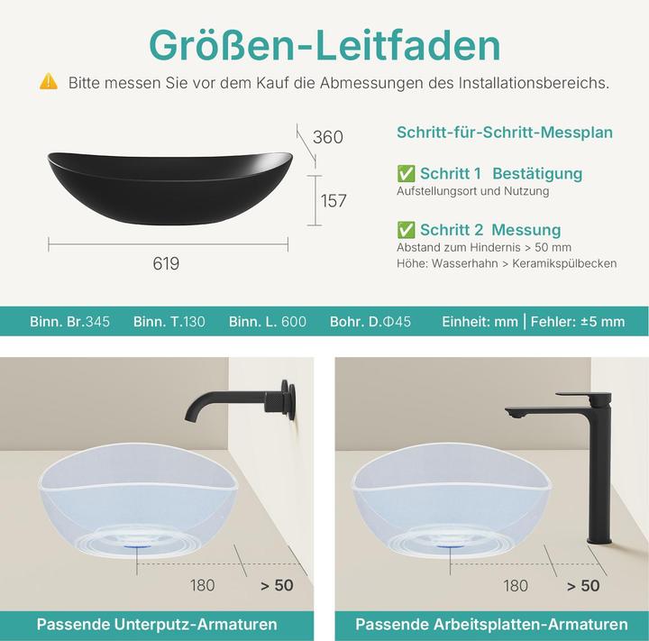 Produktbild Emke Aufsatzwaschbecken 615 x 360 x 155 mm, Oval, Keramik, Aufsatzmontage, Mattschwarz (360 mm, 615 mm)
