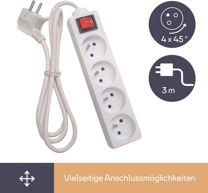 Produktbild Velleman 4-FACH-STECKDOSENLEISTE - MIT SCHALTER - KABEL: 3 m - STECKER-TYP E (FRANZÖSISCHES SYSTEM) (4x, CEE 7/5, 3 m)