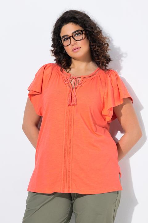 Image du produit Ulla Popken T-shirt col tunisien et manches courtes chauve-souris. Galons fantaisie. (46, 48)