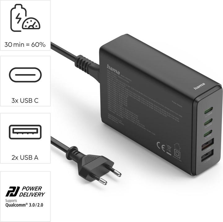 Produktbild Hama Ladestation 5 Ports, GaN, Schnellladegerät, 3xUSB-C, 2xUSB-A, PD, 140 W, SW (140 W)