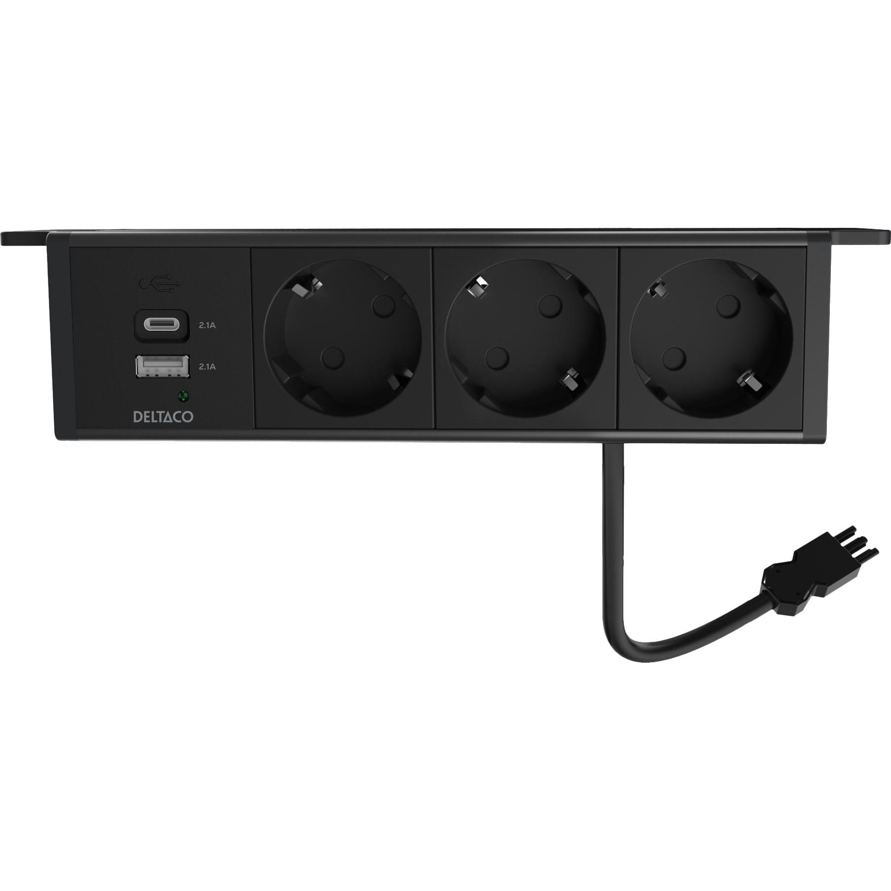 Deltaco virtapaneeli, 3 pistorasiaa, A+C USB-laturi, GST18-liitäntä (3x, USB-A) (1902244)